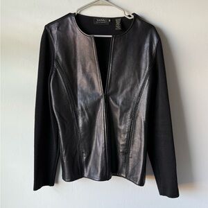 Dana Buchman Black Leather Grunge Edgy Open-Front Jacket 100% Fine Merino Wool